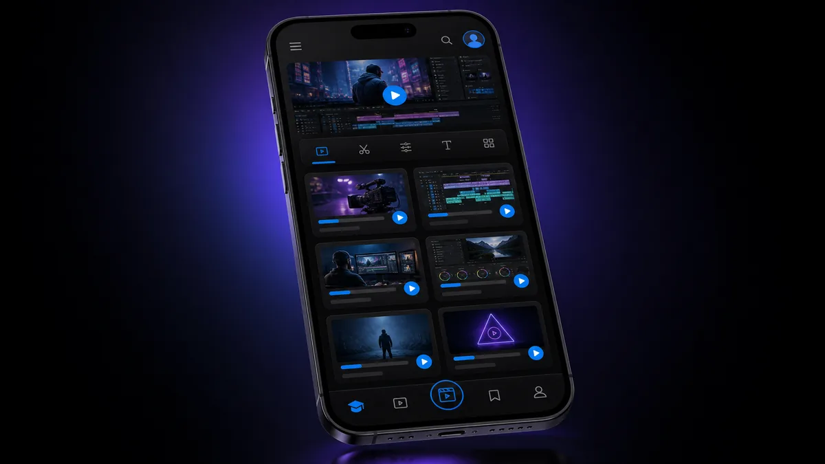 情侣视频 移动 APP 界面预览，暗色主题课程网格